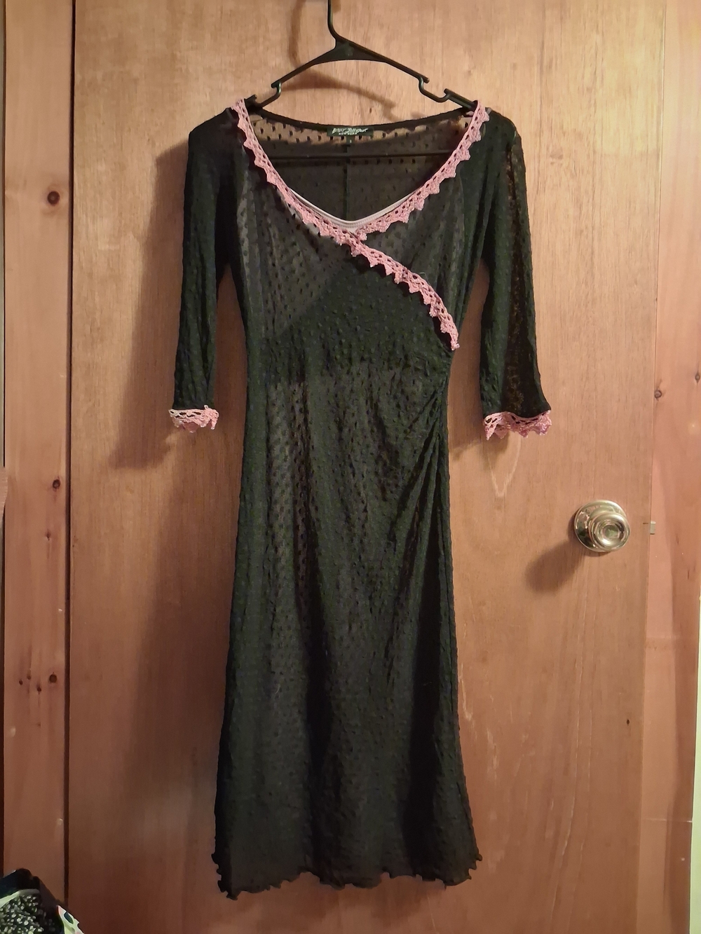 Betsey Johnson Black Dress with Pink Lace Trim, Long Sleeve